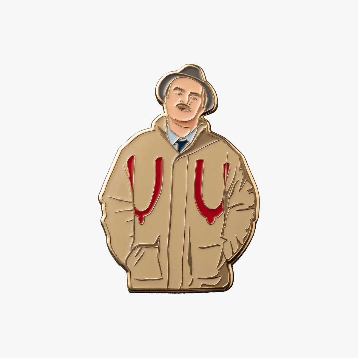 Enamel pin badge in the shape of Victor McDade with boobs spray paint graffiti on jacket