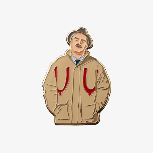 Enamel pin badge in the shape of Victor McDade with boobs spray paint graffiti on jacket