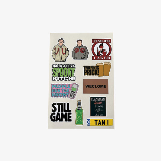 A5 sheet of peel off adhesive vinyl Still Game stickers
