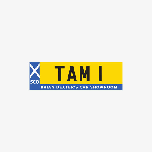 Rectangular adhesive sticker with Tam Mullen's TAM 1 Registration plate design