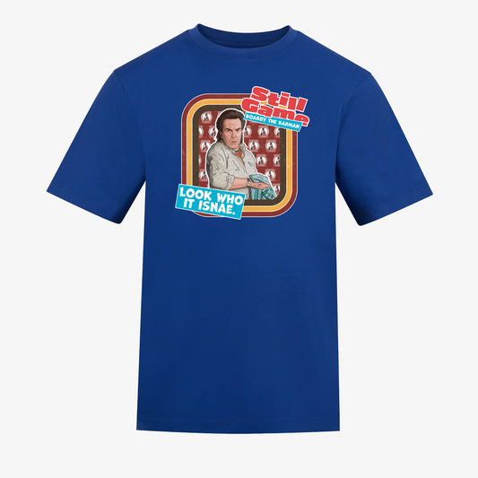 front view of royal blue t-shirt with Boabby the Barman: Look Who IT Isnae design