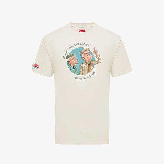 He Who Hingeth Aboot T-Shirt - Natural - Front View - Official Still Game