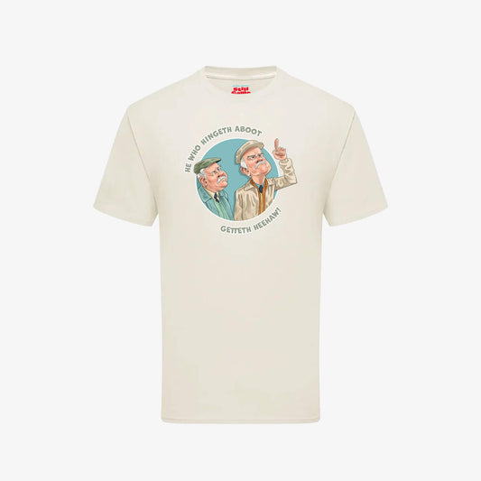 He Who Hingeth Aboot T-Shirt - Natural - Front View - Official Still Game