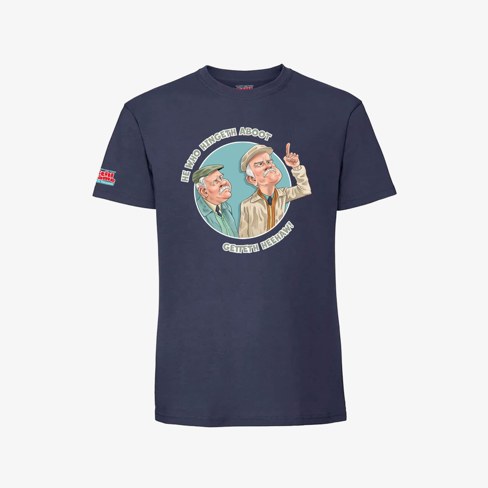 He Who Hingeth Aboot T-Shirt - Navy - Front View - Official Still Game