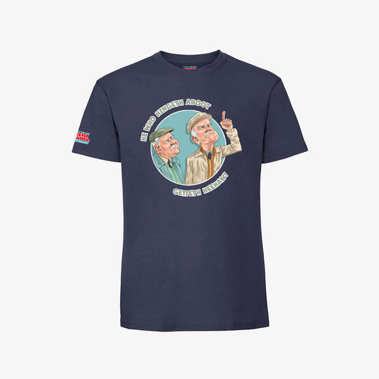 He Who Hingeth Aboot T-Shirt - Navy - Front View - Official Still Game