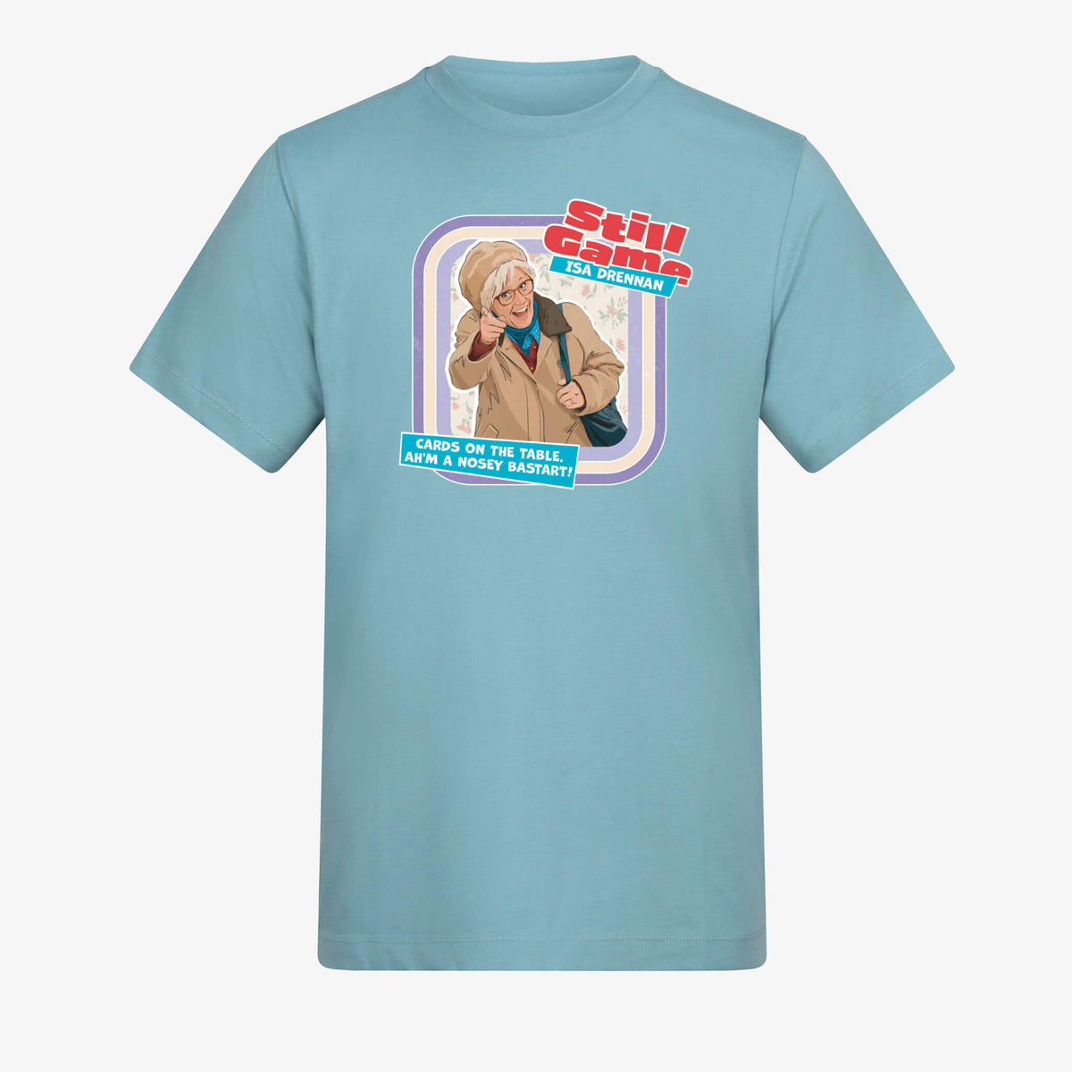 Front view of seafoam t-shirt with Isa Drennan: Cards On The Table design