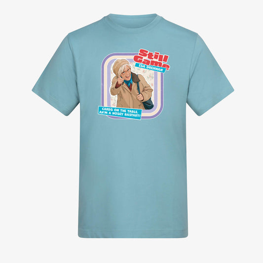 Front view of seafoam t-shirt with Isa Drennan: Cards On The Table design