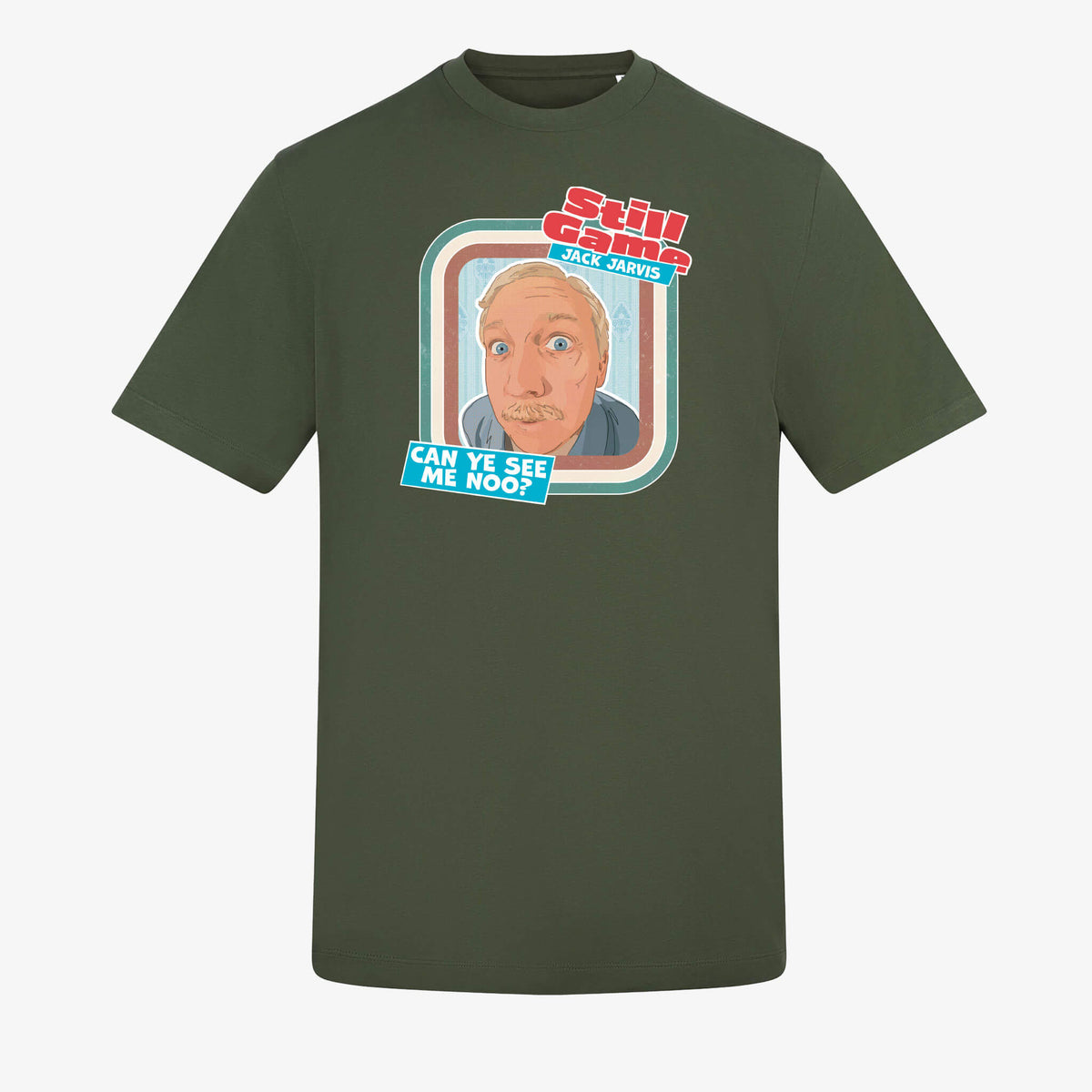 Front view of earthy green t-shirt with Jack Jarvis: Can Ye See Me Noo design