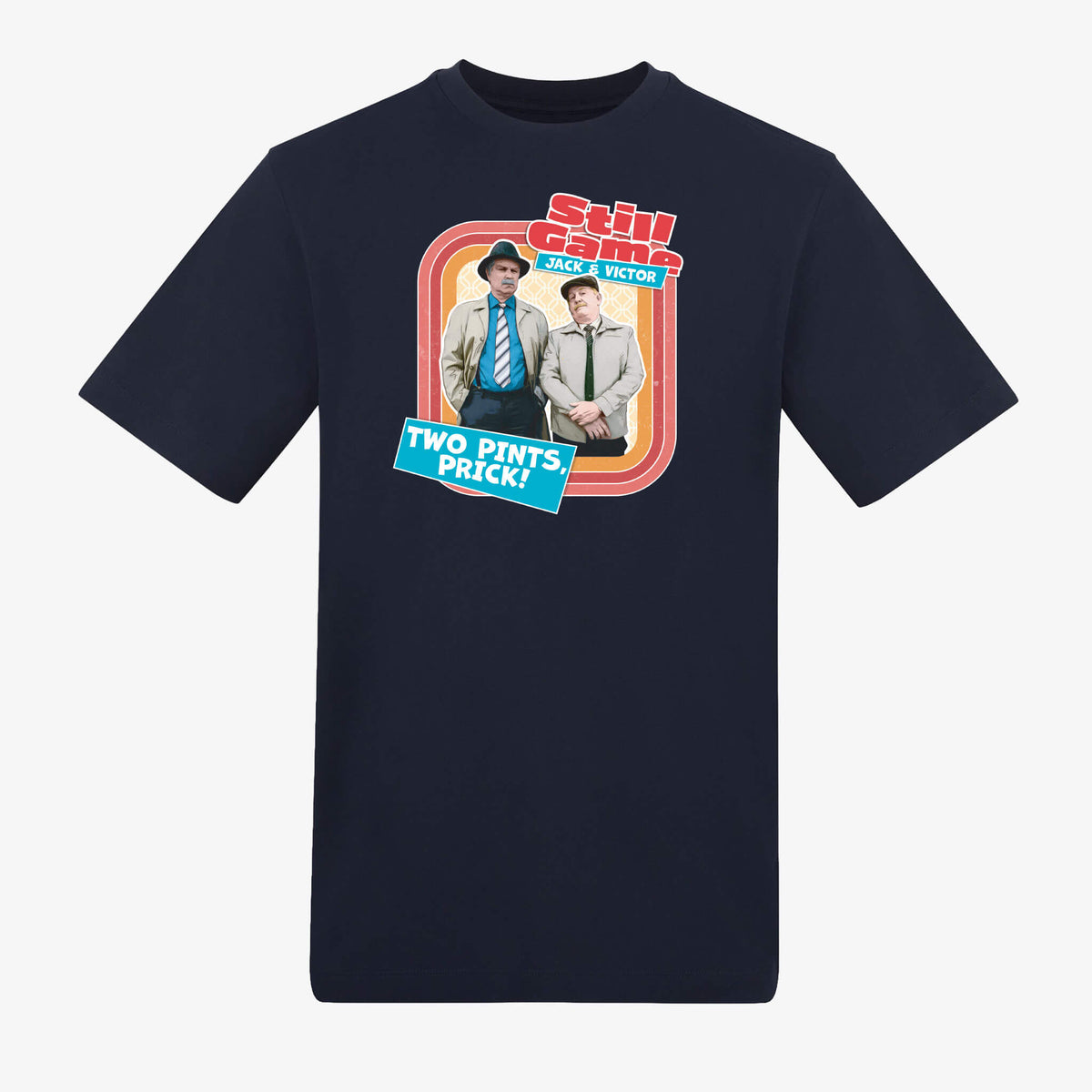 Front view of navy t-shirt with Jack & Victor: Two Pints, Prick! design