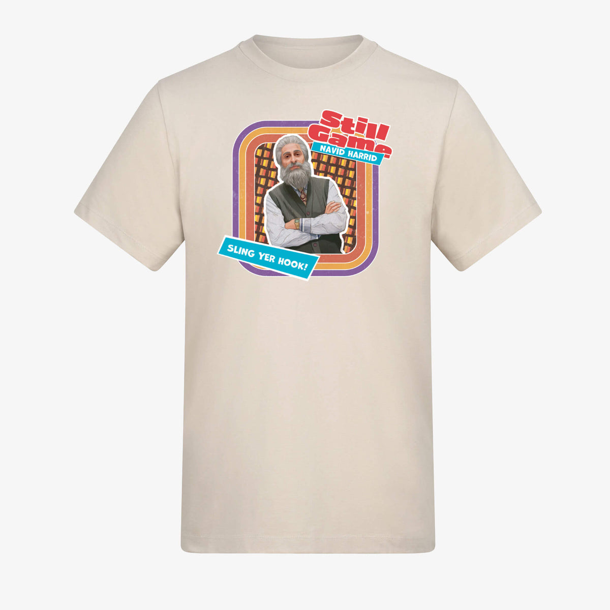 Front view of natural stone t-shirt with Navid Harrid: Sling Yer Hook! design