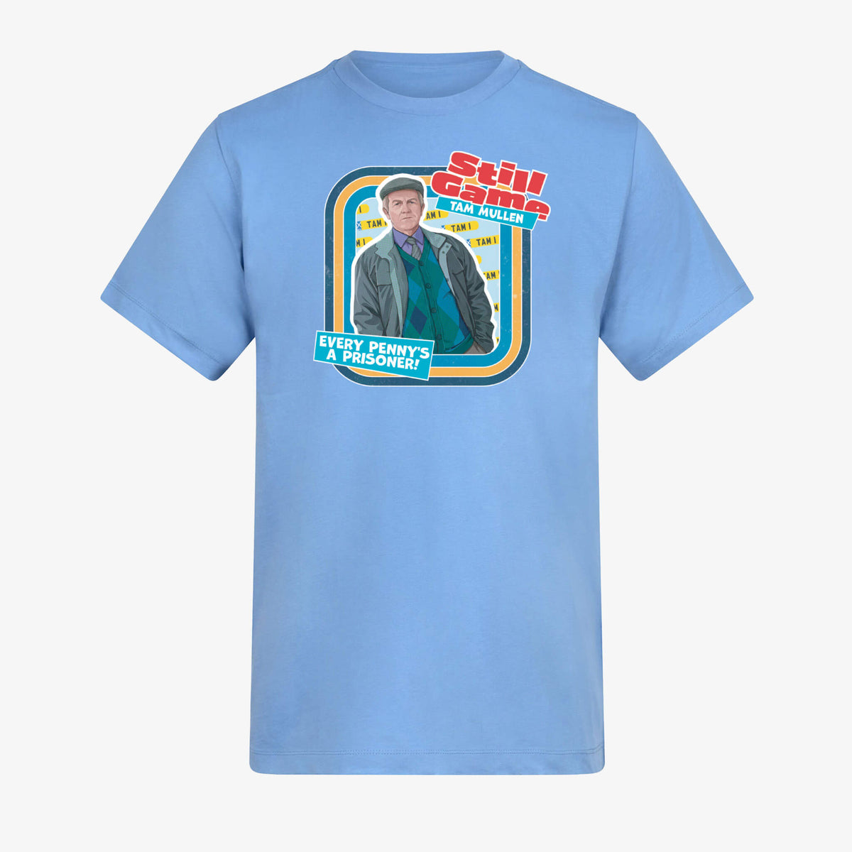 Front View of cornflower blue t-shirt with Tam Mullen: Every Penny's A Prisoner! design