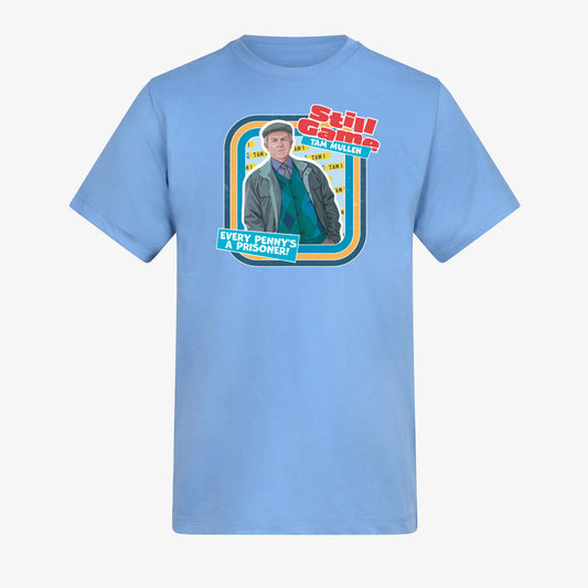 Front View of cornflower blue t-shirt with Tam Mullen: Every Penny's A Prisoner! design
