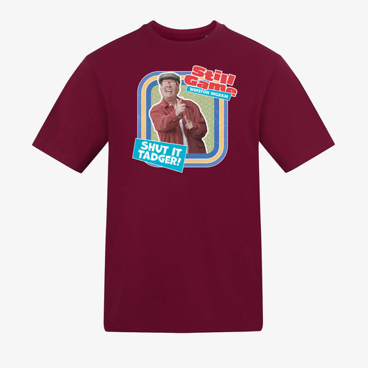 Front view of burgundy t-shirt with Winston Ingram: Shut It Tadger! design