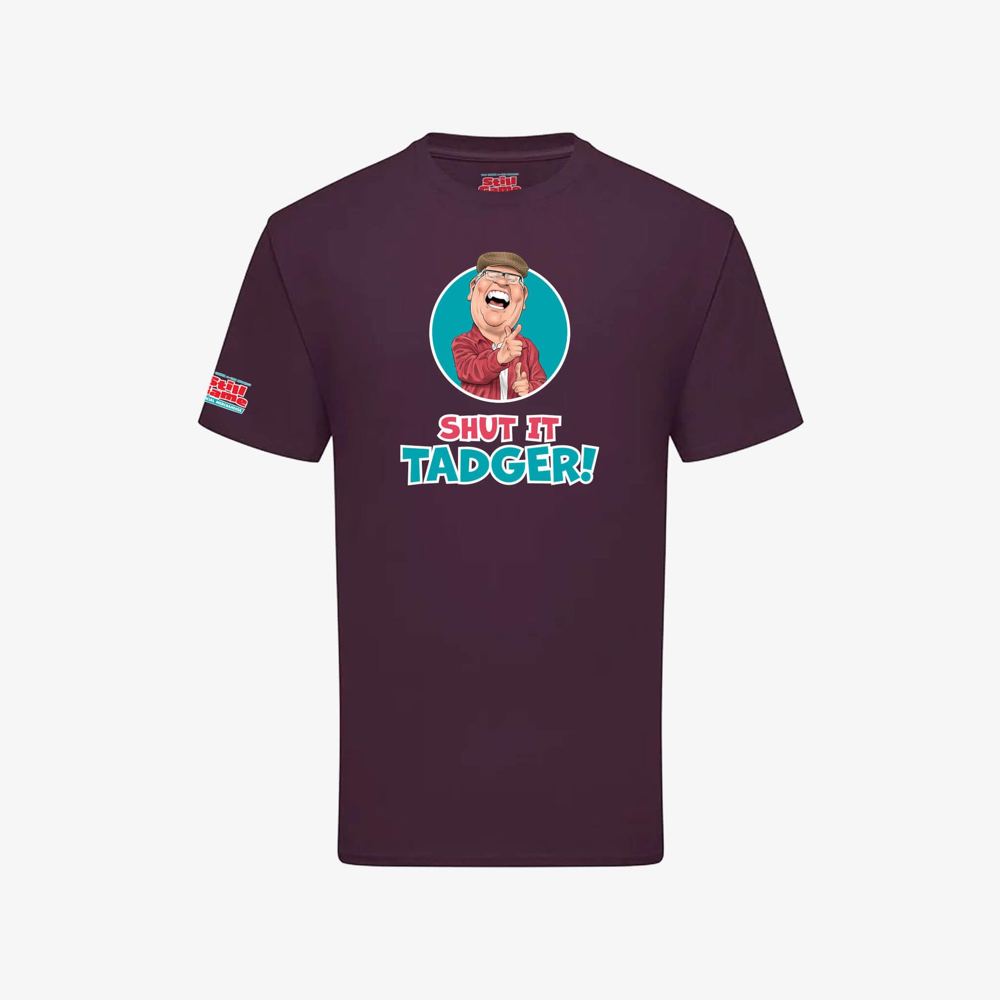 Shut It, Tadger! T-Shirt - Dark Plum - Front View - Official Still Game