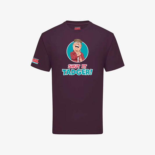 Shut It, Tadger! T-Shirt - Dark Plum - Front View - Official Still Game