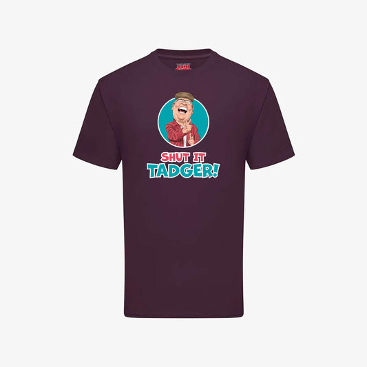 Shut It, Tadger! T-Shirt - Dark Plum - Front View - Official Still Game