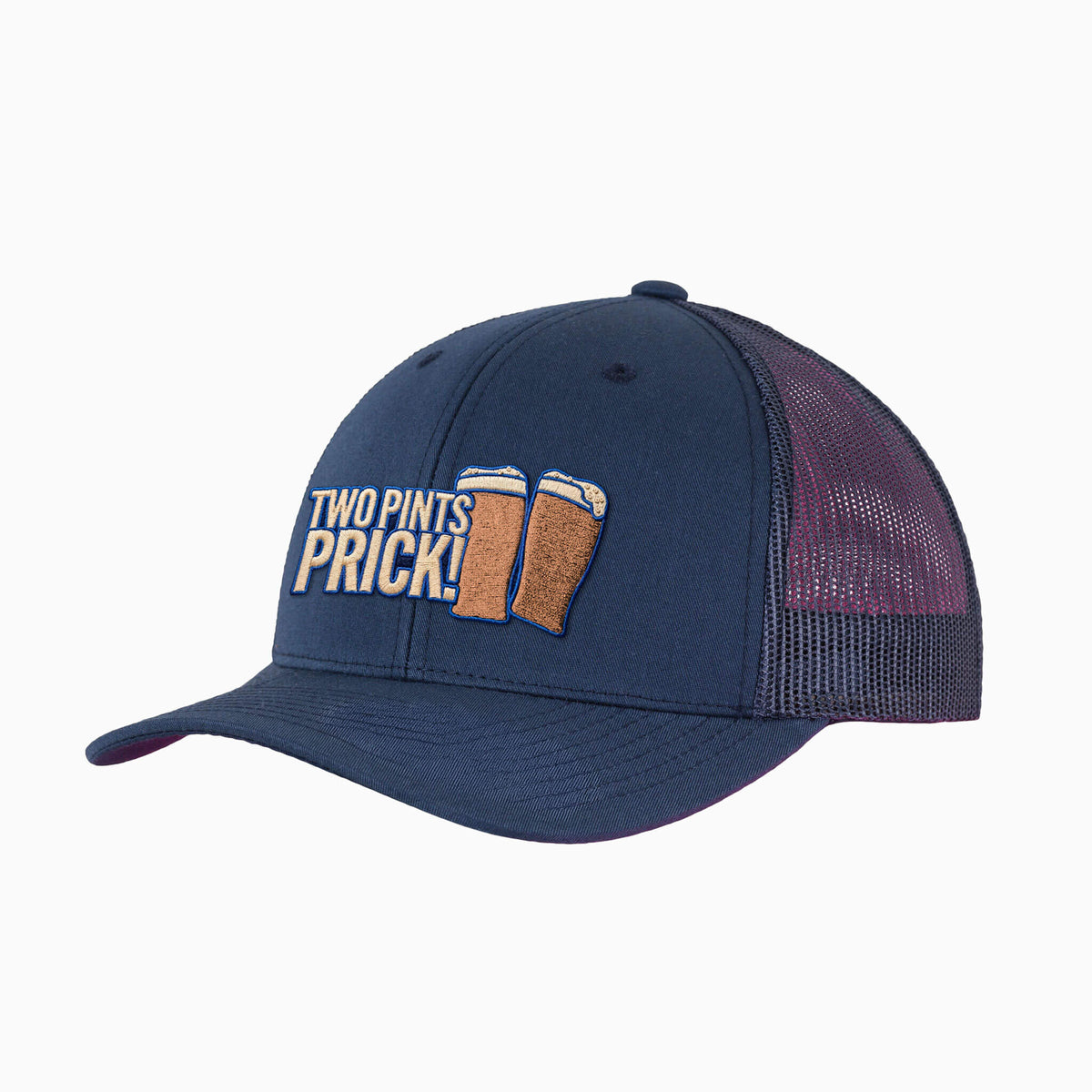 Front view f navy trucker cap with embroidered Two Pints, Prick! design