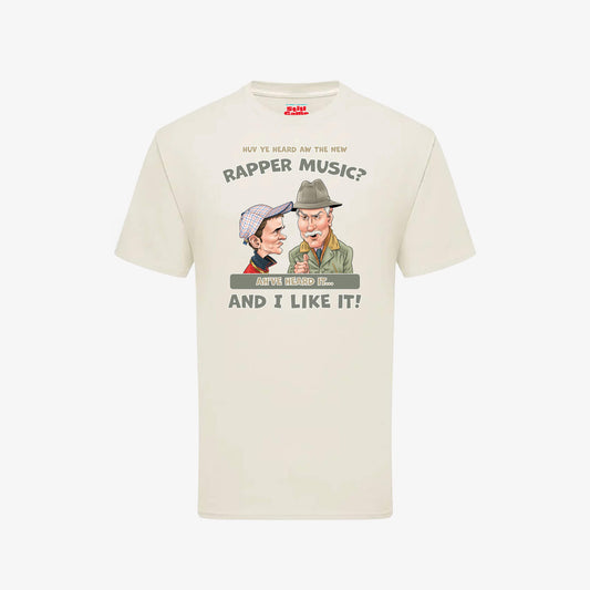Huv Ye Heard Aw The New Rapper Music T-Shirt - Natural - Front View - Official Still Game